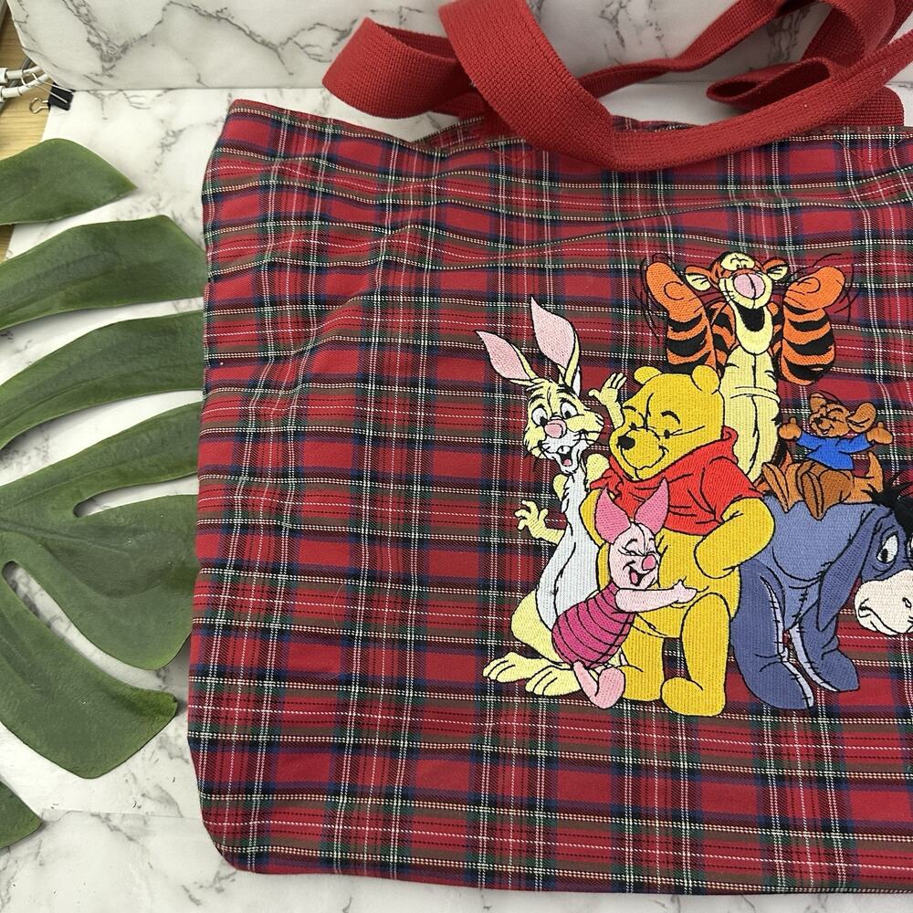 Disney Store Vintage 90s Winnie the Pooh Embroidered Tote Bag Purse Red Plaid - Picture 4 of 12